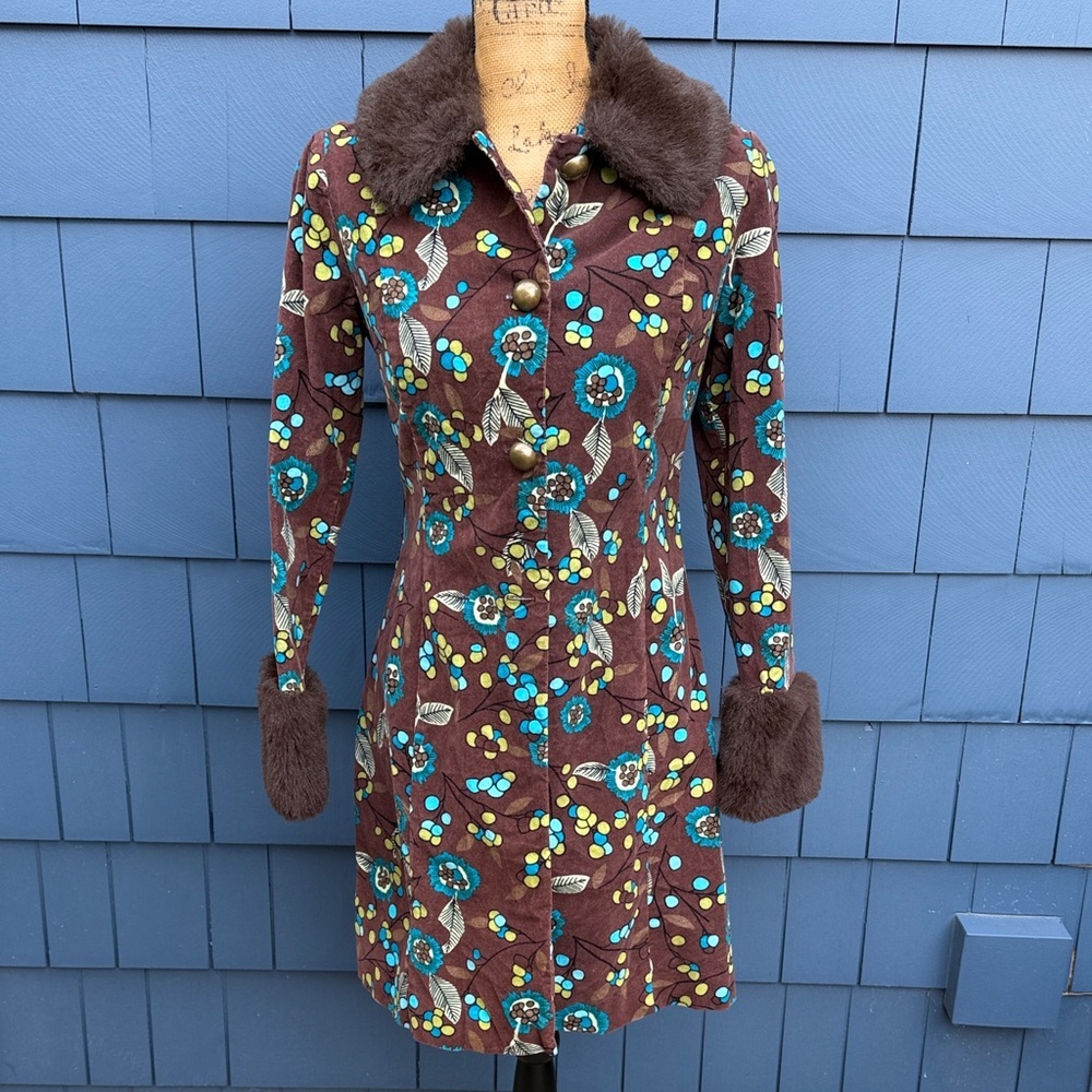 Vintage Sookie des L.A. Floral Brown Coat with Faux Fur Trim velvet - Picture 1 of 12